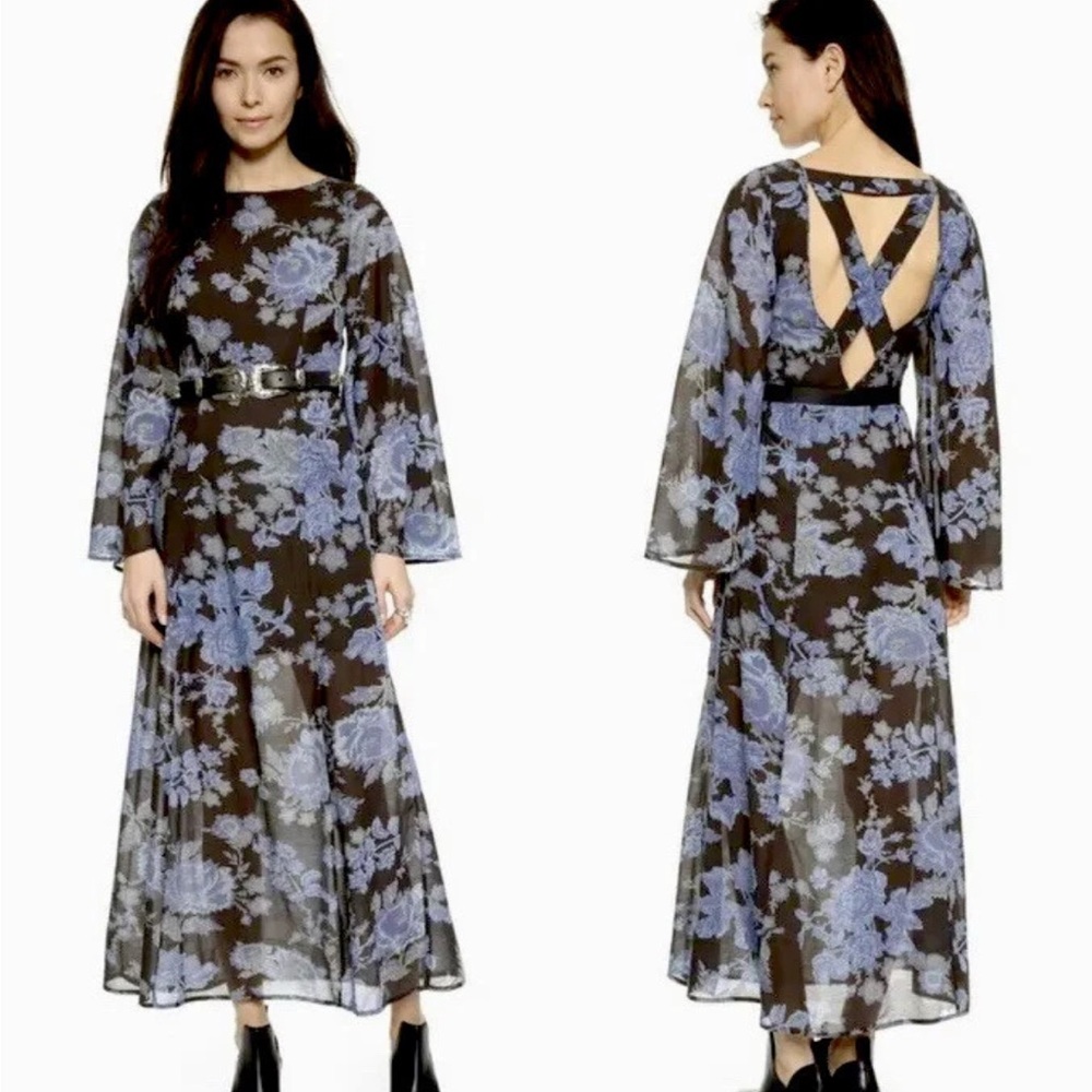 Woman's Free People Floral Maxi Dress with Open Back and Bell Sleeves. Size 0